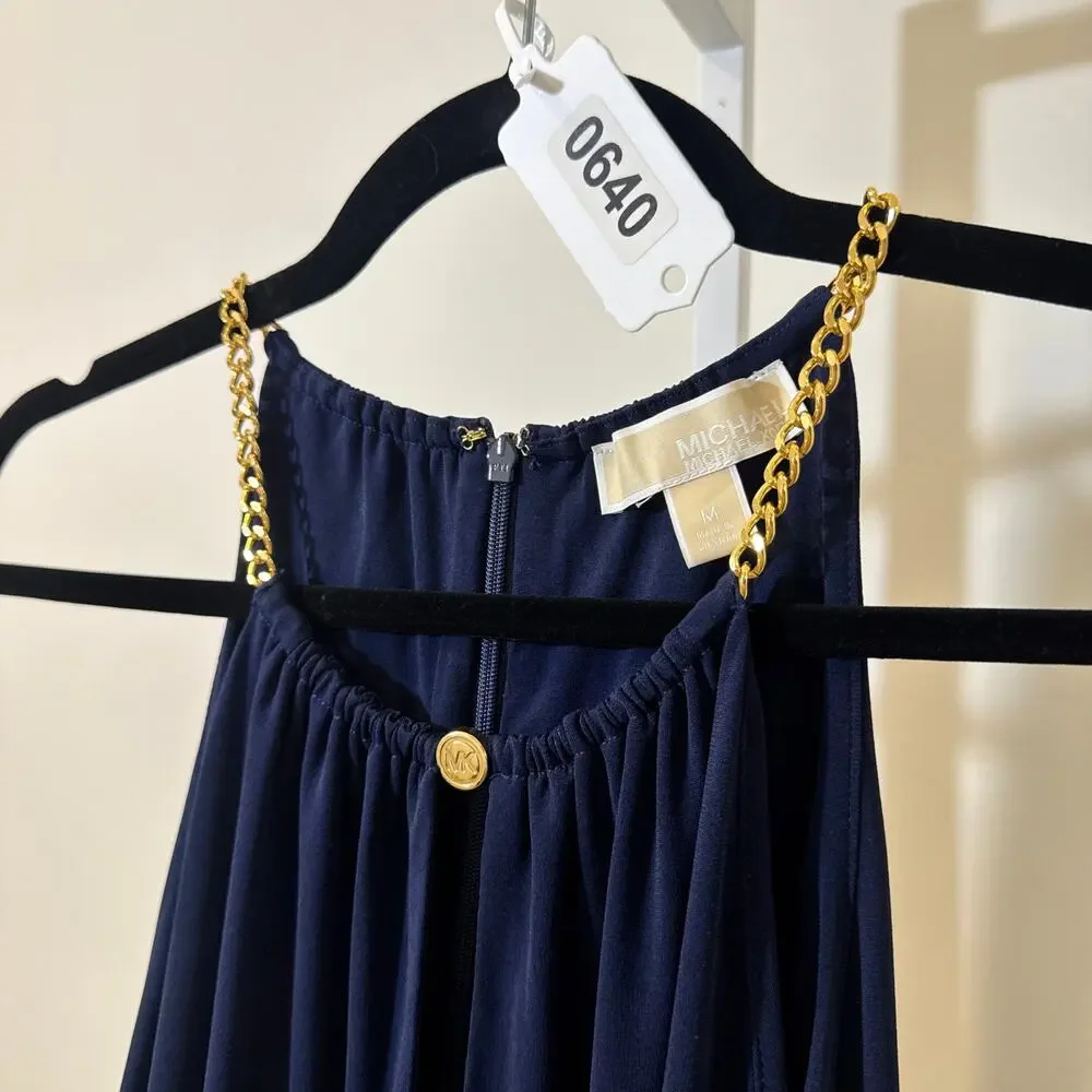 Michael Kors Navy Blue Chain Strap Halter Dress Sleeveless Midi Shift Dress - Picture 9 of 9